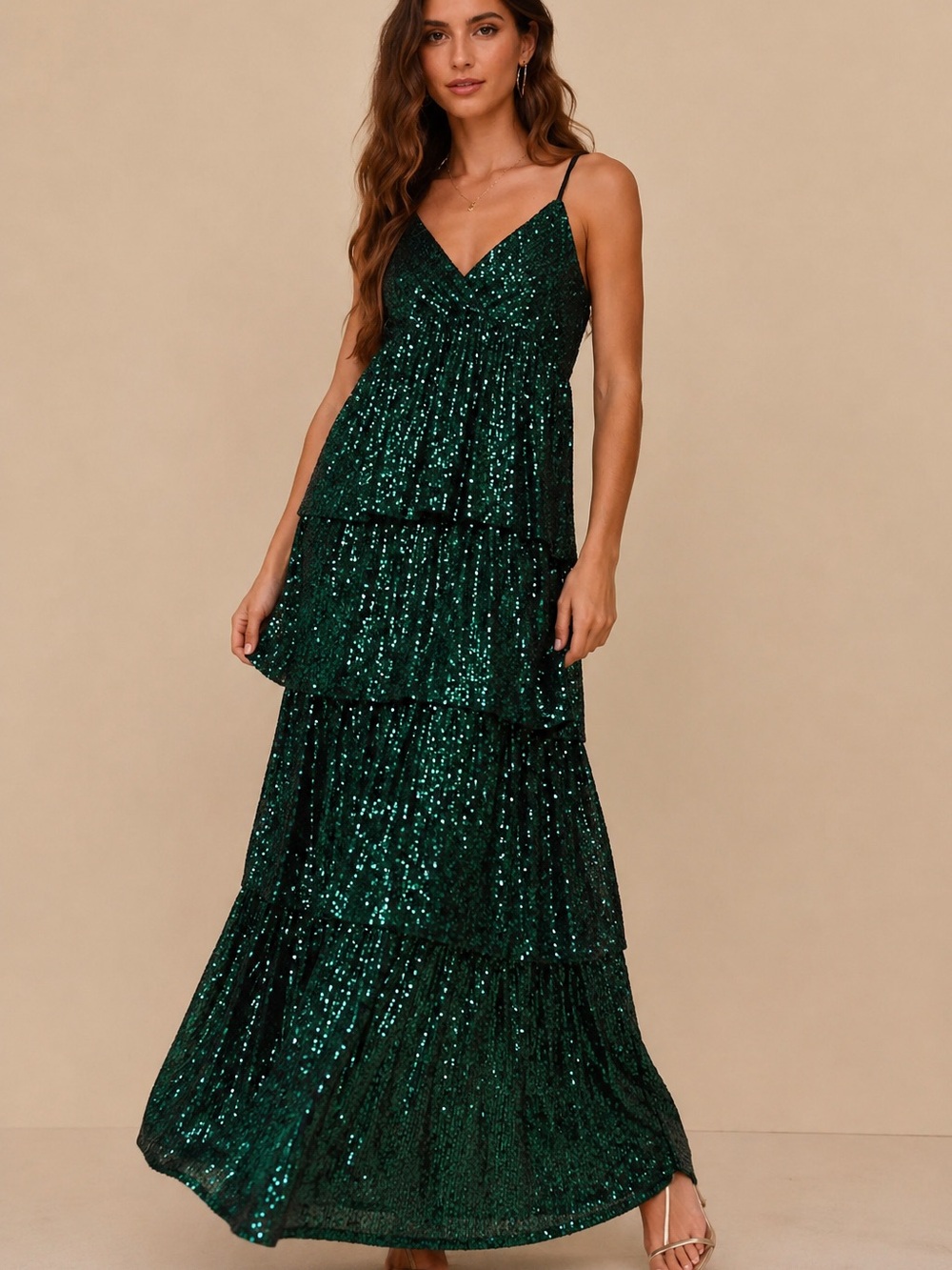 Saylor Emerald Green Sequin Tiered Maxi Dress Size Small - Picture 1 of 12